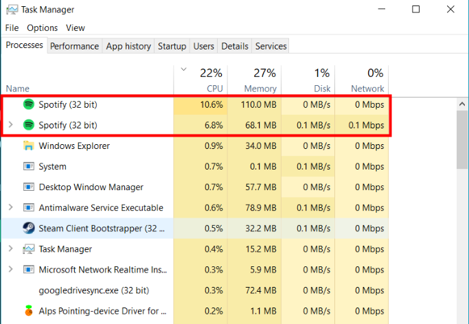 detender spotify en administrador de tareas en windows