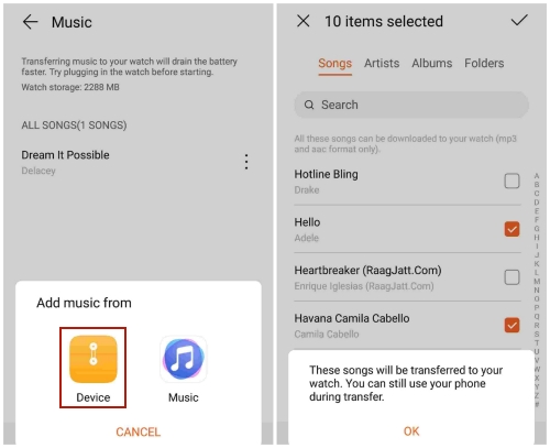 Transfer music to deals huawei watch 2