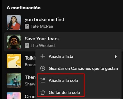 agregar y quitar canciones de cola en spotify
